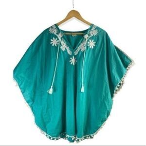 Raviya Embroidered Peasant Swimsuit Coverup Blue Teal Medium NEW
